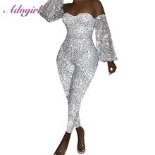 Load image into Gallery viewer, Adogirl Sexy Sequin Off Shoulder Deep V-Neck Night Party Club Jumpsuit Women Casual Lanter Long Sleeve Rompers Overalls Outfits