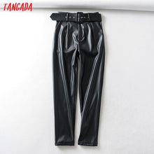 Load image into Gallery viewer, Tangada women black faux leather suit pants high waist pants sashes pockets 2019 office ladies pu leather trousers 6A05