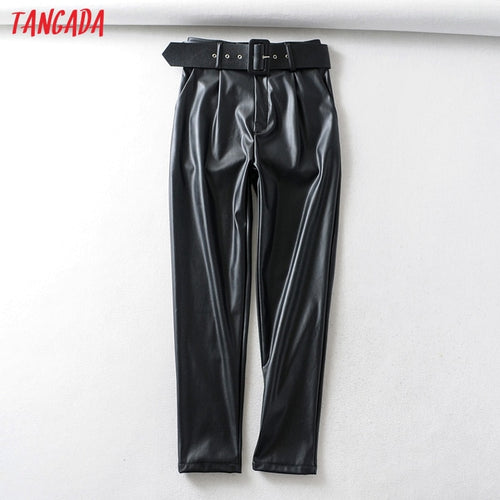 Tangada women black faux leather suit pants high waist pants sashes pockets 2019 office ladies pu leather trousers 6A05