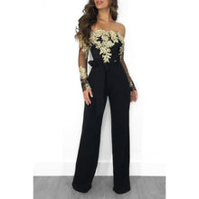 Load image into Gallery viewer, Appliques Lace Patchwork Jumpsuit Women Sexy Off Shoulder Slash Neck Long Sleeve Women Jumpsuit Elegant Wide Leg Jumpsuit 3XL