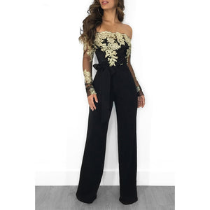 Appliques Lace Patchwork Jumpsuit Women Sexy Off Shoulder Slash Neck Long Sleeve Women Jumpsuit Elegant Wide Leg Jumpsuit 3XL