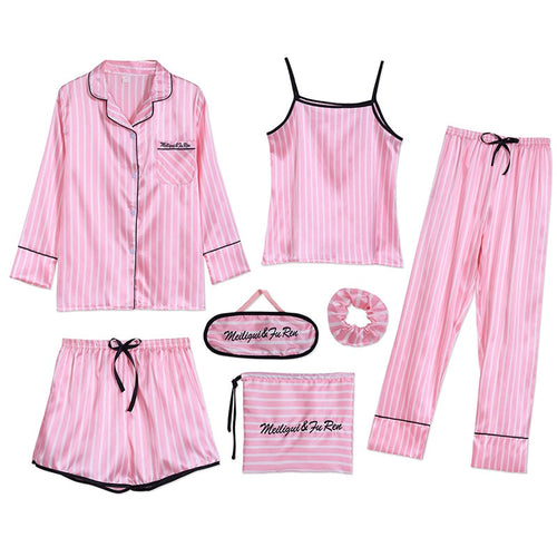 Sleepwear 7 Pieces Pyjama Set 2019 Women Autumn Winter Sexy Pajamas Sets Sleep Suits Soft Sweet Cute Nightwear Gift Home Clothes