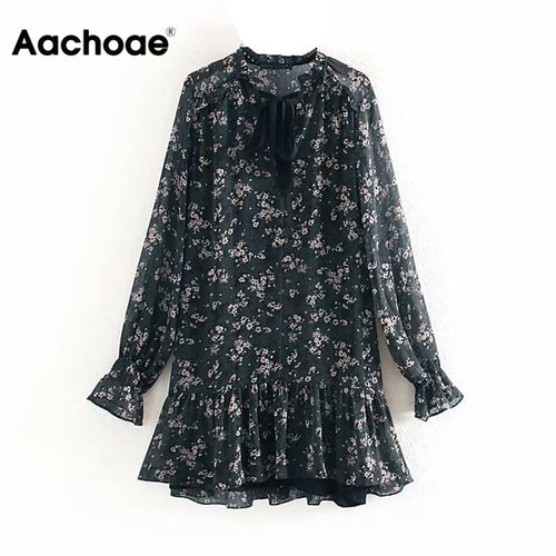 Women Ruffle Bow Tie Mini Floral Print Dress Vintage Long Sleeve Vestido Casual Loose Pleated Ladies Dress Ruffles Party Dresses