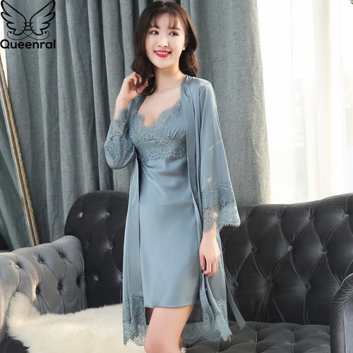 Queenral 2pcs Women's Sleep Lounge Robe Gown Sets Sleepwear Womens Sleep Set Femme Lingerie Set Nightwear Lace Homewear