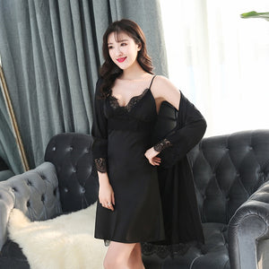 Queenral 2pcs Women's Sleep Lounge Robe Gown Sets Sleepwear Womens Sleep Set Femme Lingerie Set Nightwear Lace Homewear