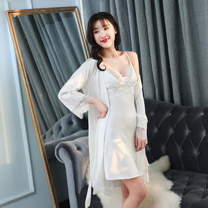 Queenral 2pcs Women's Sleep Lounge Robe Gown Sets Sleepwear Womens Sleep Set Femme Lingerie Set Nightwear Lace Homewear