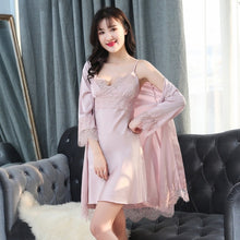 画像をギャラリービューアに読み込む, Queenral 2pcs Women&#39;s Sleep Lounge Robe Gown Sets Sleepwear Womens Sleep Set Femme Lingerie Set Nightwear Lace Homewear