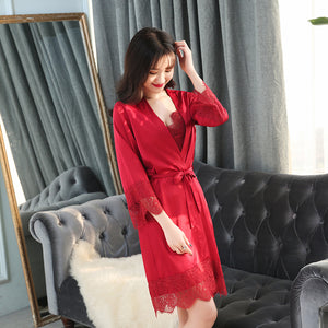 Queenral 2pcs Women's Sleep Lounge Robe Gown Sets Sleepwear Womens Sleep Set Femme Lingerie Set Nightwear Lace Homewear