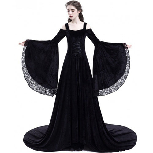 Women Party Maxi Dress Elegant Medieval Gown Green Vintage Goth Lace Flare Sleeve High Waist Plus Size Retro Black Long Dresses