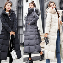 Load image into Gallery viewer, Fashion Winter Coat Women Jackets Thick Down Parkas Big Fur Belt Hooded Cotton Long Coats Warm Windbreaker Female Slim Outwear