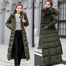 Load image into Gallery viewer, Fashion Winter Coat Women Jackets Thick Down Parkas Big Fur Belt Hooded Cotton Long Coats Warm Windbreaker Female Slim Outwear