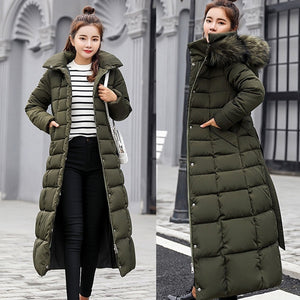 Fashion Winter Coat Women Jackets Thick Down Parkas Big Fur Belt Hooded Cotton Long Coats Warm Windbreaker Female Slim Outwear