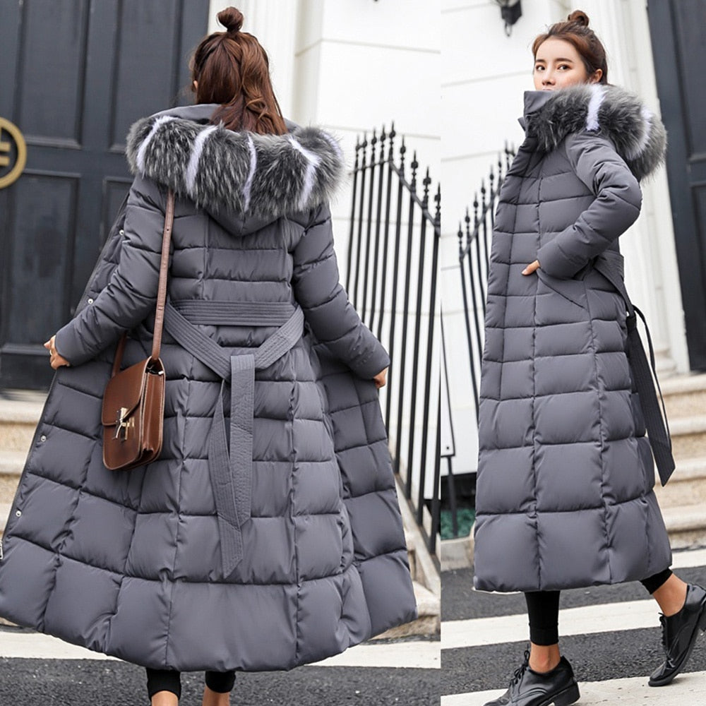 Fashion Winter Coat Women Jackets Thick Down Parkas Big Fur Belt Hooded Cotton Long Coats Warm Windbreaker Female Slim Outwear