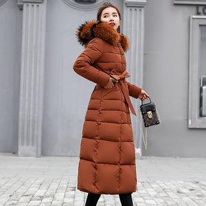 Fashion Winter Coat Women Jackets Thick Down Parkas Big Fur Belt Hooded Cotton Long Coats Warm Windbreaker Female Slim Outwear