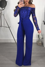 Load image into Gallery viewer, Appliques Lace Patchwork Jumpsuit Women Sexy Off Shoulder Slash Neck Long Sleeve Women Jumpsuit Elegant Wide Leg Jumpsuit 3XL