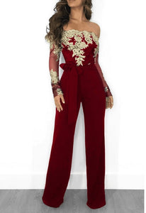 Appliques Lace Patchwork Jumpsuit Women Sexy Off Shoulder Slash Neck Long Sleeve Women Jumpsuit Elegant Wide Leg Jumpsuit 3XL