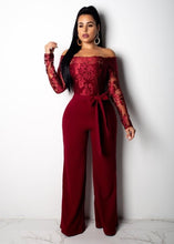 Load image into Gallery viewer, Appliques Lace Patchwork Jumpsuit Women Sexy Off Shoulder Slash Neck Long Sleeve Women Jumpsuit Elegant Wide Leg Jumpsuit 3XL