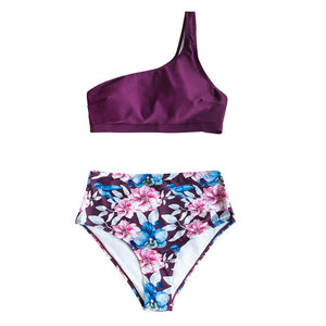 CUPSHE Floral Plum One-Shoulder High-Waisted Bikini Sets Sexy Tank Women Swimsuit Two Pieces Swimwear 2020 Beach Bathing Suit