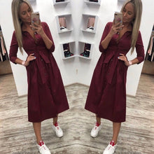 Load image into Gallery viewer, Women Casual Sashes a Line Party Dress Ladies Button Turn Down Collar OL Style Shirt Dress 2019 Summer Solid Knee Dress