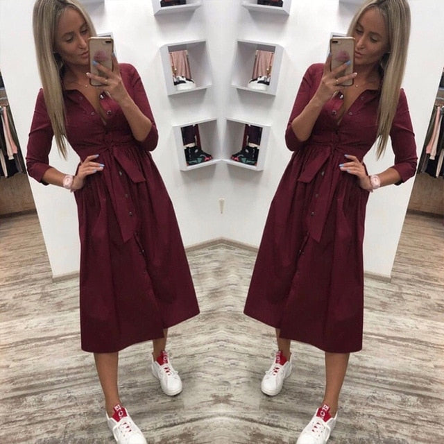 Women Casual Sashes a Line Party Dress Ladies Button Turn Down Collar OL Style Shirt Dress 2019 Summer Solid Knee Dress