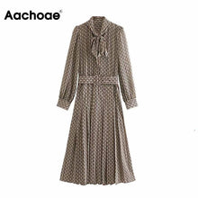 Load image into Gallery viewer, Women Elegant Long Dress With Belt Chain Print Bow Tie Neck Office Lady Shirt Dress Puff Long Sleeve Pleated Dress Vestidos