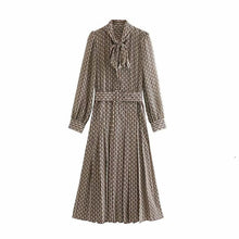 Load image into Gallery viewer, Women Elegant Long Dress With Belt Chain Print Bow Tie Neck Office Lady Shirt Dress Puff Long Sleeve Pleated Dress Vestidos