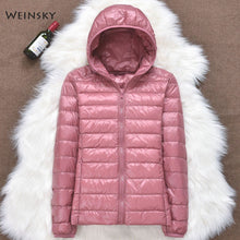 Load image into Gallery viewer, Winter Women Ultralight Thin Down Jacket White Duck Down Hooded Jackets Long Sleeve Warm Coat Parka Female Portable Outwear