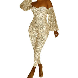 Adogirl Sexy Sequin Off Shoulder Deep V-Neck Night Party Club Jumpsuit Women Casual Lanter Long Sleeve Rompers Overalls Outfits