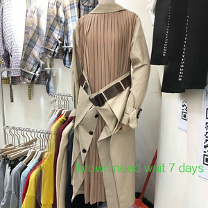 DEAT 2020 European Autumn Split Joint Windbreaker Woman New Pattern Overknee Long Loose Coat patchwork pleated sashes jacket