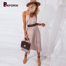 将图片加载到图库查看器，BEFORW 2020 Women Summer Sexy V-Neck Party Dress Elegant Spaghetti Strap Female Pleated Office Dresses Female Pink Midi Dress