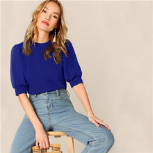 Load image into Gallery viewer, SHEIN Ladies Casual Green Puff Sleeve Keyhole Back Solid Top And Blouse Women 2019 Summer Workwear Half Sleeve Elegant Blouses