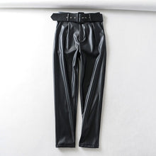 Load image into Gallery viewer, Tangada women black faux leather suit pants high waist pants sashes pockets 2019 office ladies pu leather trousers 6A05