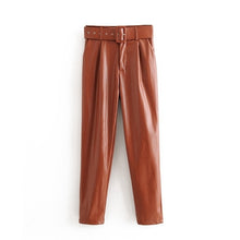 Load image into Gallery viewer, Tangada women black faux leather suit pants high waist pants sashes pockets 2019 office ladies pu leather trousers 6A05