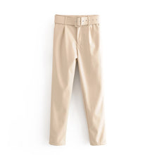 Load image into Gallery viewer, Tangada women black faux leather suit pants high waist pants sashes pockets 2019 office ladies pu leather trousers 6A05