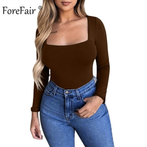 Forefair Sexy Bodycon Bodysuit Long Sleeve Square Neck Sheath Open Crotch Basic White Black Red Overalls Women Body Top