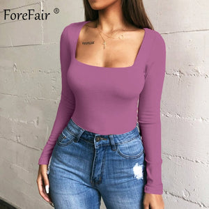 Forefair Sexy Bodycon Bodysuit Long Sleeve Square Neck Sheath Open Crotch Basic White Black Red Overalls Women Body Top