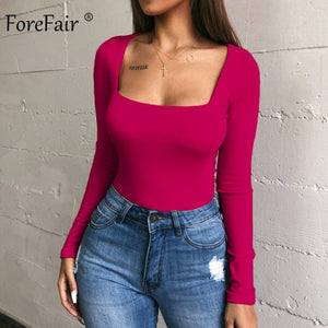 Forefair Sexy Bodycon Bodysuit Long Sleeve Square Neck Sheath Open Crotch Basic White Black Red Overalls Women Body Top