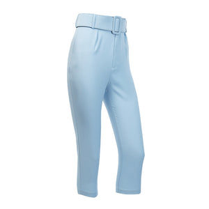 InstaHot Casual High Waist Pencil Pants Women Belt Ankle Length Office Lady Pants Blue Zipper Suit Trousers Straight Leg Sashes