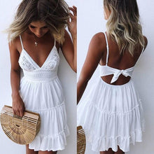 将图片加载到图库查看器，Boho Summer Dress Women Sexy Strappy Lace White Mini Dresses Female Ladies Beach V Neck Party Sundress Black Yellow Pink