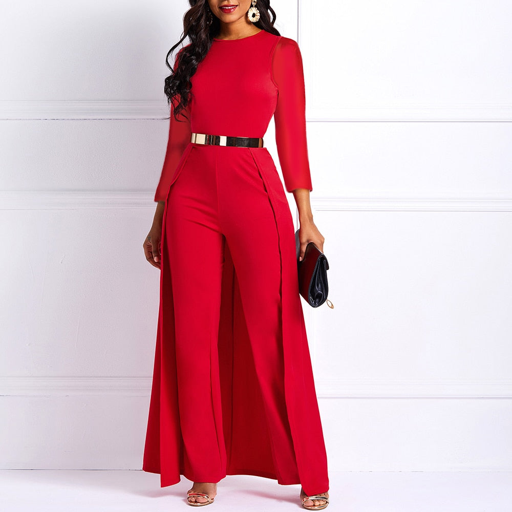Black Long Sleeve Plus Size High Waist Straight Plain Jumpsuit Women Elegant Formal Party Slim Ladies Wide Leg Jumpsuits