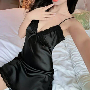 Sexy Ladies Night Dress Nuisette Silk Sleepwear Satin Nightgown V-neck Slip Nighties Summer Lace Night Gown Lingerie For Women