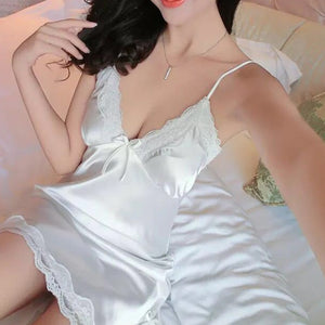 Sexy Ladies Night Dress Nuisette Silk Sleepwear Satin Nightgown V-neck Slip Nighties Summer Lace Night Gown Lingerie For Women