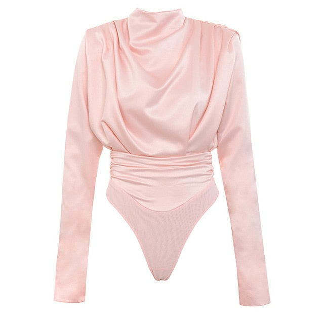 Artsu Elegant Satin Pink Blouse Long Sleeve Bodysuits Tops Women 2020 Spring New Romper Mujer Ladies Cute Shirts ASJU60703