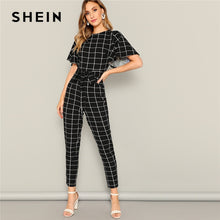 Load image into Gallery viewer, SHEIN Black Flutter Sleeve Belted Grid Print Zipper Jumpsuit Spring Mid Waist Casual Round Neck Highstreet Women Jumpsuits