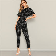 Load image into Gallery viewer, SHEIN Black Flutter Sleeve Belted Grid Print Zipper Jumpsuit Spring Mid Waist Casual Round Neck Highstreet Women Jumpsuits