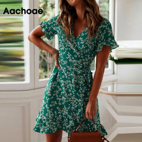 Frauen Kleider Sommer 2020 Sexy V-ausschnitt Blumen Druck Boho Strand Kleid Rüschen Kurzarm EINE Linie Mini Kleid Wrap sommerkleid Robe