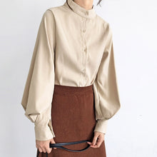 Load image into Gallery viewer, Vintage Lantern Sleeve Autumn Winter Thicken Women Shirt Blouses Single Breasted Blouse Female Loose Shirts Tops blusas mujer