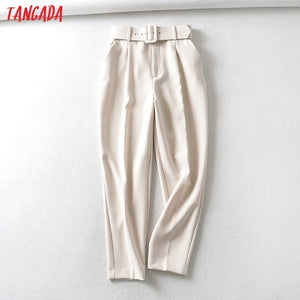 Tangada black suit pants woman high waist pants sashes pockets office ladies pants fashion middle aged pink yellow pants 6A22