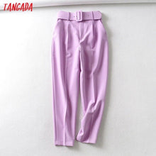 将图片加载到图库查看器，Tangada black suit pants woman high waist pants sashes pockets office ladies pants fashion middle aged pink yellow pants 6A22