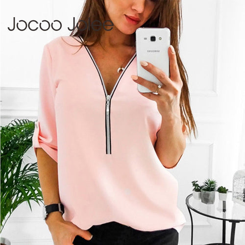 Cremallera de manga corta camisas de mujer Sexy V cuello sólido tops y blusas para mujer Casual Tee camisas tops ropa de mujer de talla grande 5XL